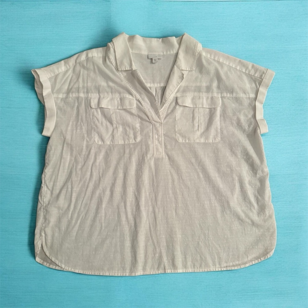 J Jill White 100% Cotton Shirt Sz XL Collared Blouse Pockets Casual Minimalist